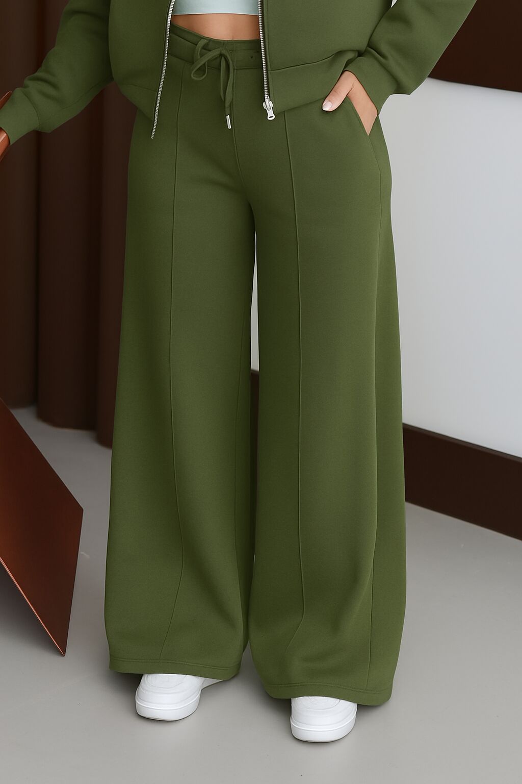 Balenbi Kadın 3 İplik İçi Polarlı Yüksek Bel Çımalı Palazzo Eşofman Altı 1144 S - Haki