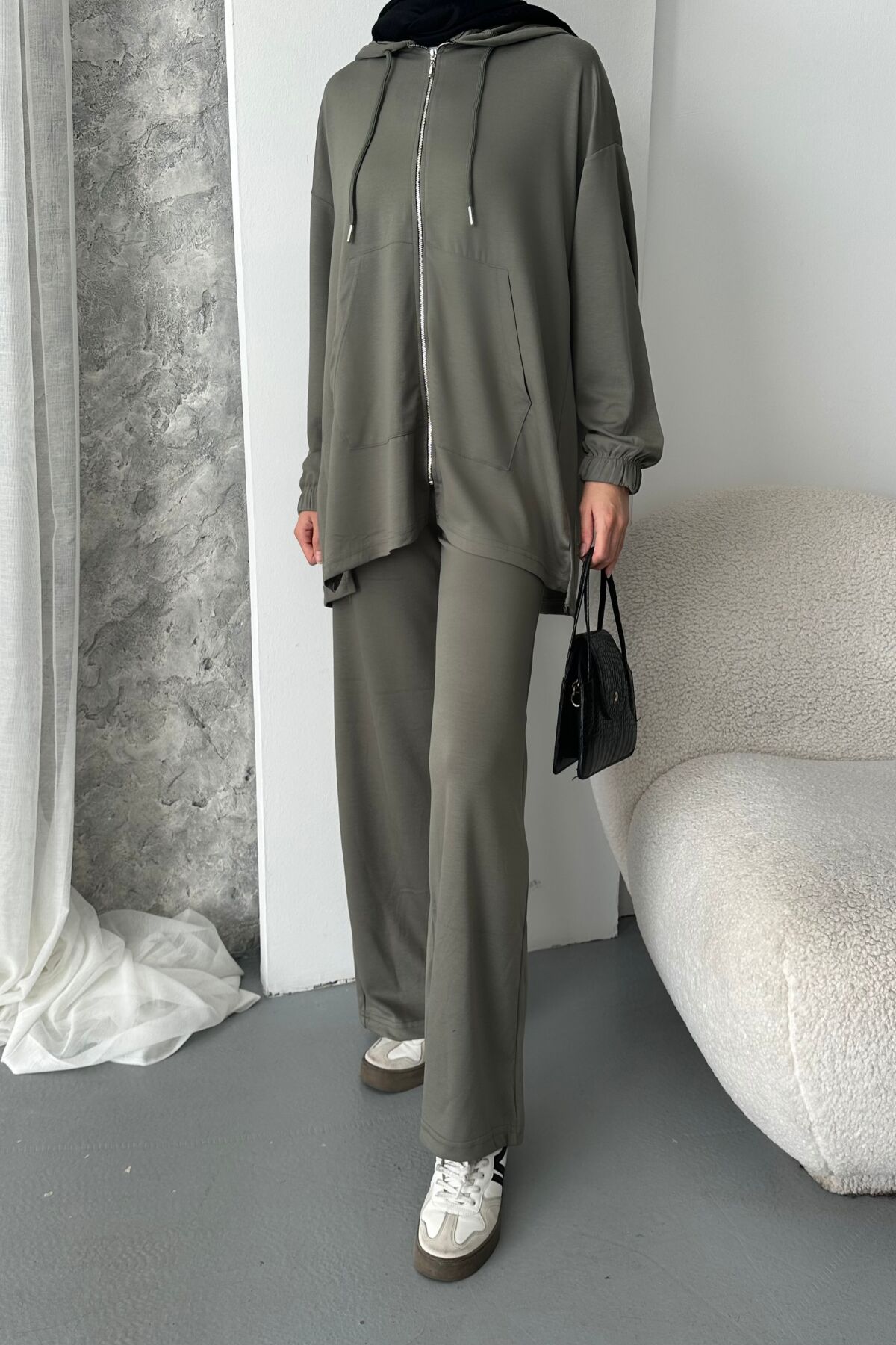 Balenbi Kadın Modal Penye Oversize Kapüşonlu Tesettür Tunik Takım 1108 M - Haki