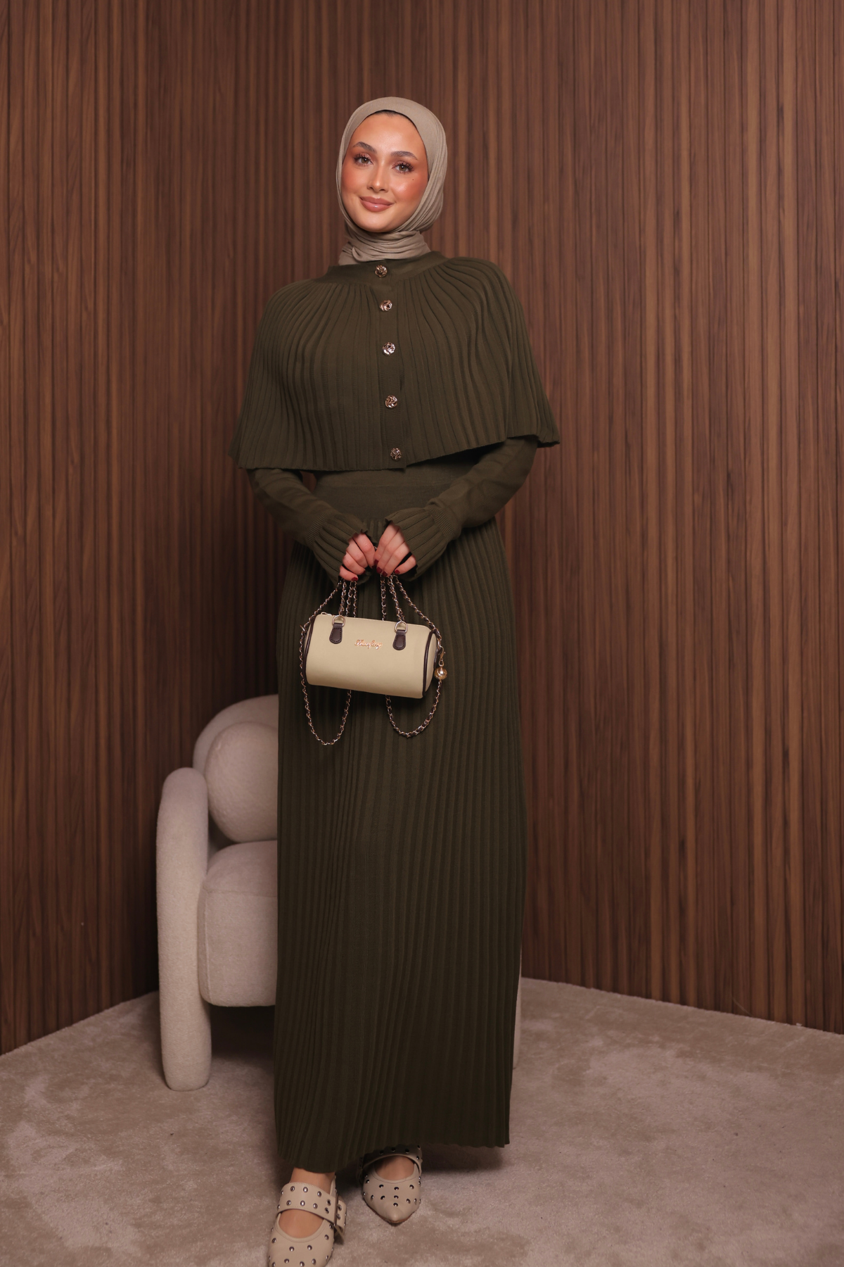 Balenbi Kadın Sık Örgü Pelerinli Triko Tesettür Elbise Std Beden 1150 Standart - Haki