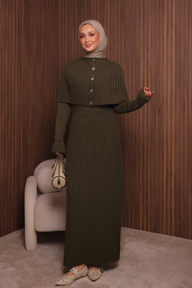 Balenbi Kadın Sık Örgü Pelerinli Triko Tesettür Elbise Std Beden 1150 Standart - Haki