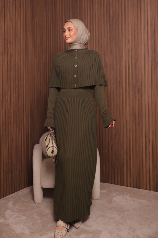 Balenbi Kadın Sık Örgü Pelerinli Triko Tesettür Elbise Std Beden 1150 Standart - Haki
