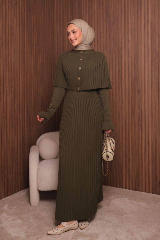 Balenbi Kadın Sık Örgü Pelerinli Triko Tesettür Elbise Std Beden 1150 Standart - Haki