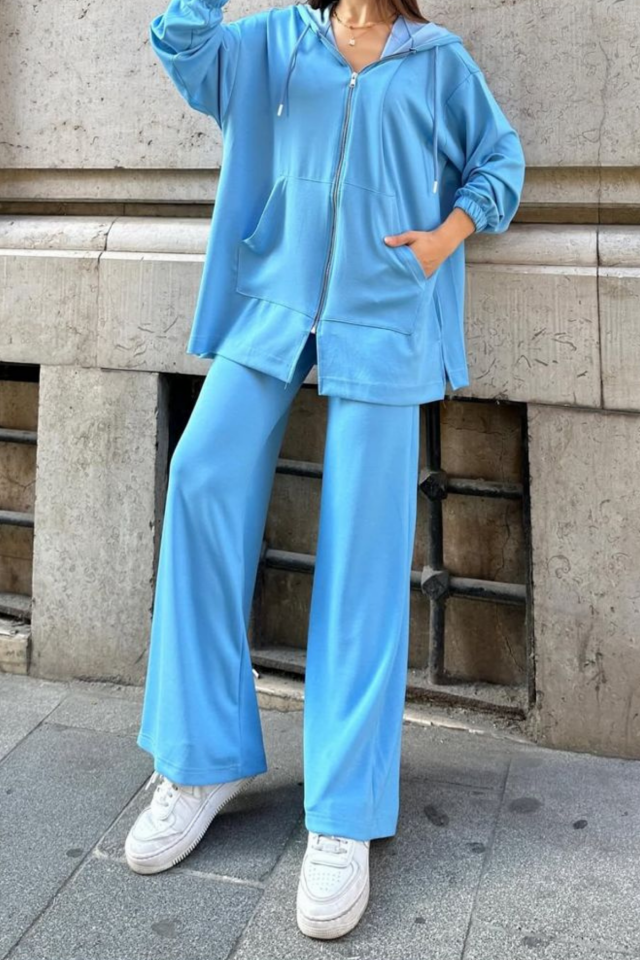 Balenbi Kadın Modal Penye Oversize Kapüşonlu Tesettür Tunik Takım 1108 M - Mavi