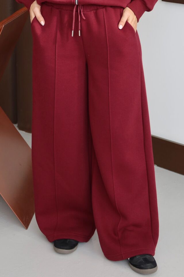 Balenbi Kadın 3 İplik İçi Polarlı Yüksek Bel Çımalı Palazzo Eşofman Altı 1144 XL - Bordo