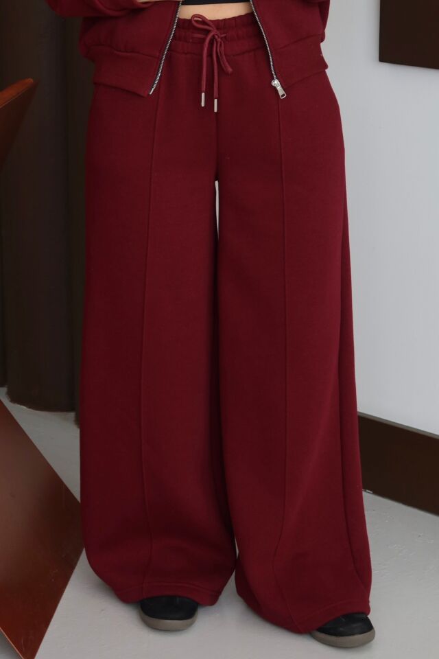 Balenbi Kadın 3 İplik İçi Polarlı Yüksek Bel Çımalı Palazzo Eşofman Altı 1144 XL - Bordo