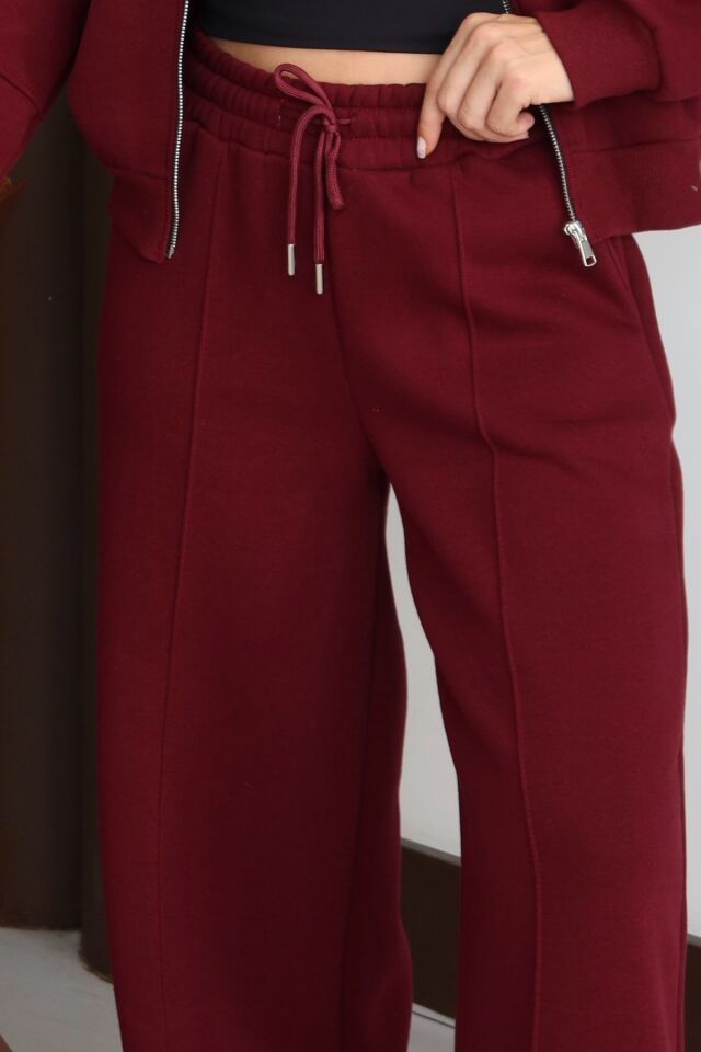 Balenbi Kadın 3 İplik İçi Polarlı Yüksek Bel Çımalı Palazzo Eşofman Altı 1144 XL - Bordo