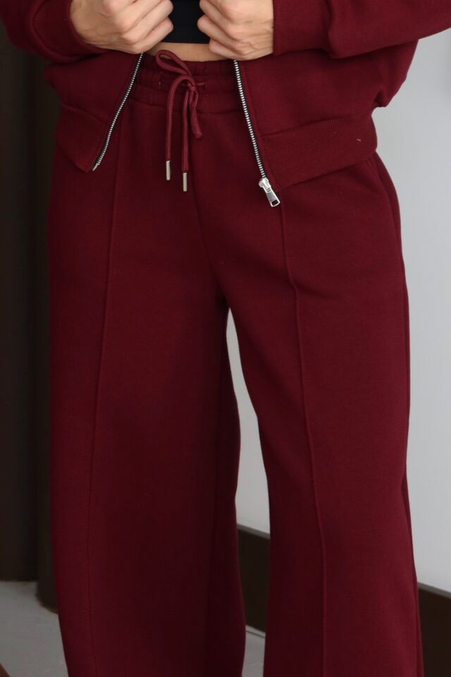 Balenbi Kadın 3 İplik İçi Polarlı Yüksek Bel Çımalı Palazzo Eşofman Altı 1144 XL - Bordo