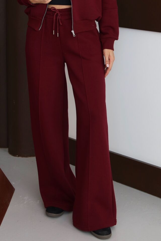 Balenbi Kadın 3 İplik İçi Polarlı Yüksek Bel Çımalı Palazzo Eşofman Altı 1144 Bordo - XL