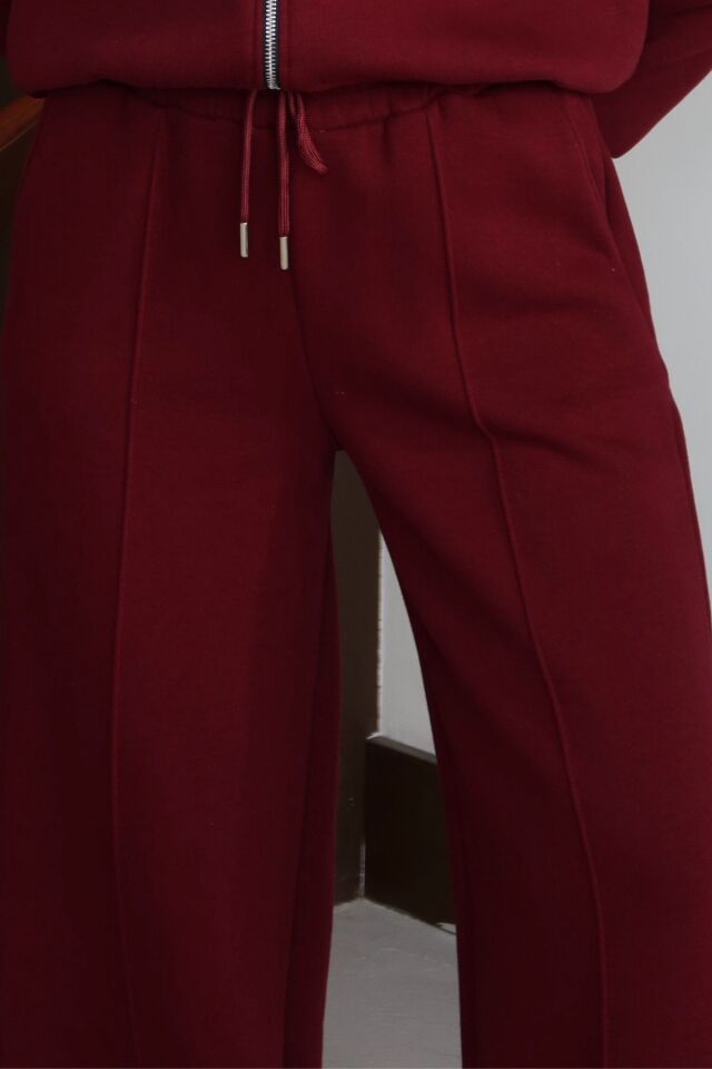 Balenbi Kadın 3 İplik İçi Polarlı Yüksek Bel Çımalı Palazzo Eşofman Altı 1144 Bordo - XL