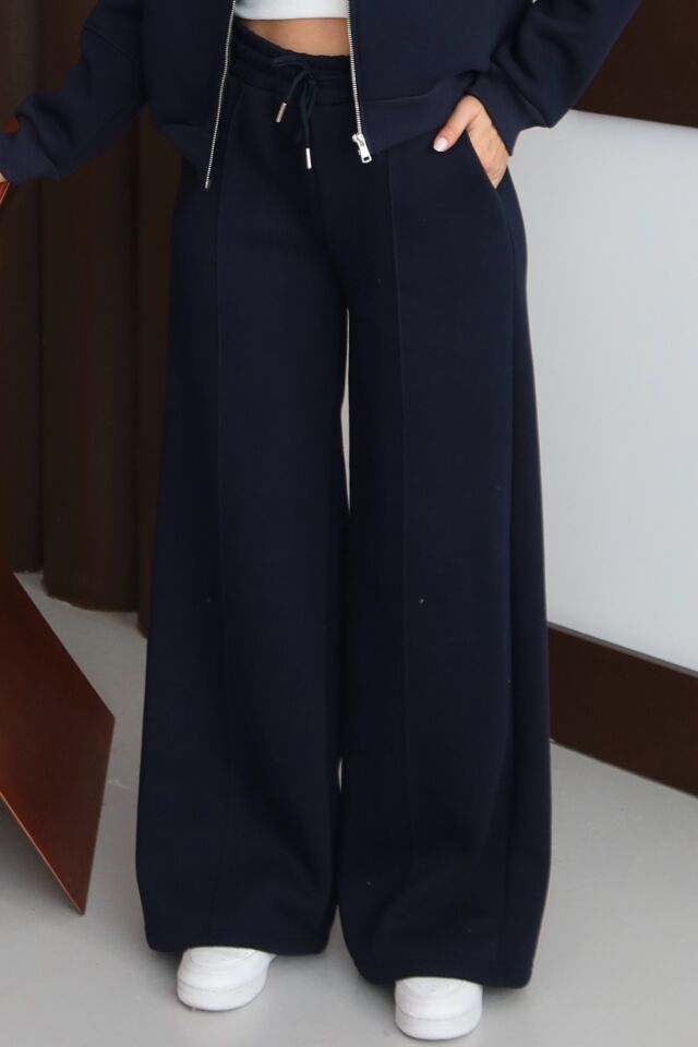 Balenbi Kadın 3 İplik İçi Polarlı Yüksek Bel Çımalı Palazzo Eşofman Altı 1144 Lacivert - XL