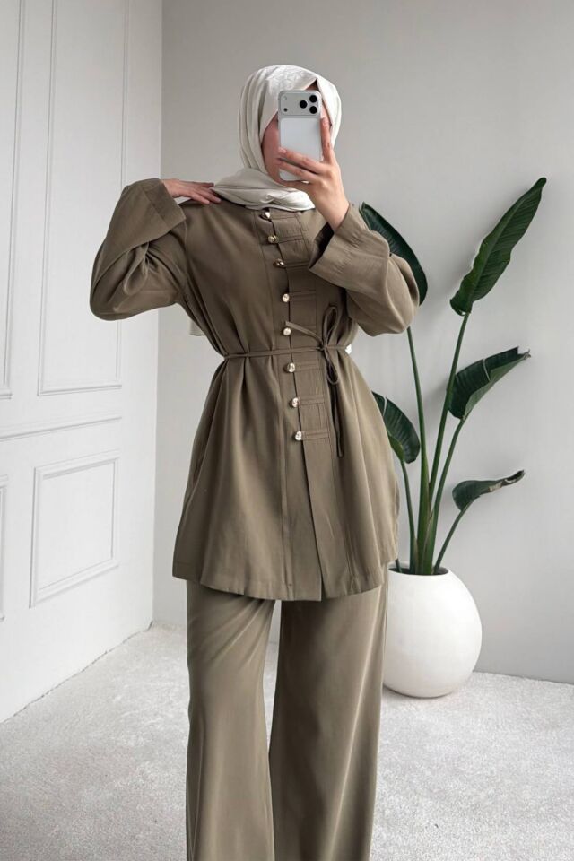 Balenbi Rahat Kesim Düğme Detaylı Tesettür Kadın Tnsel Takım 1166 – Form Serisi 42 - Haki