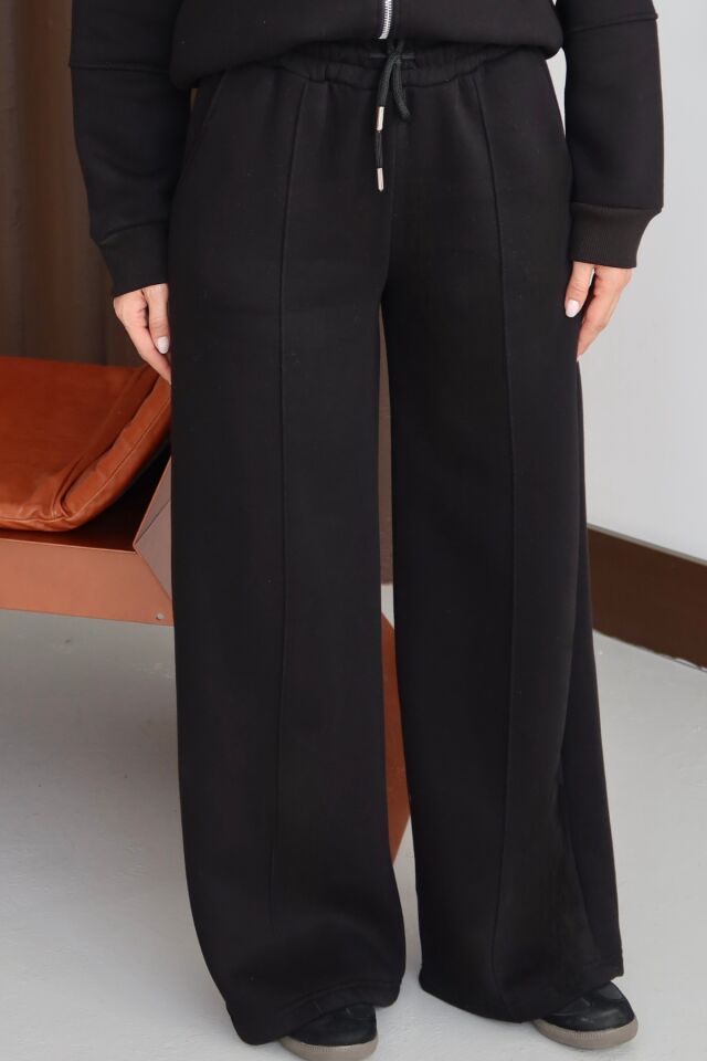 Balenbi Kadın 3 İplik İçi Polarlı Yüksek Bel Çımalı Palazzo Eşofman Altı 1144 Siyah - XL