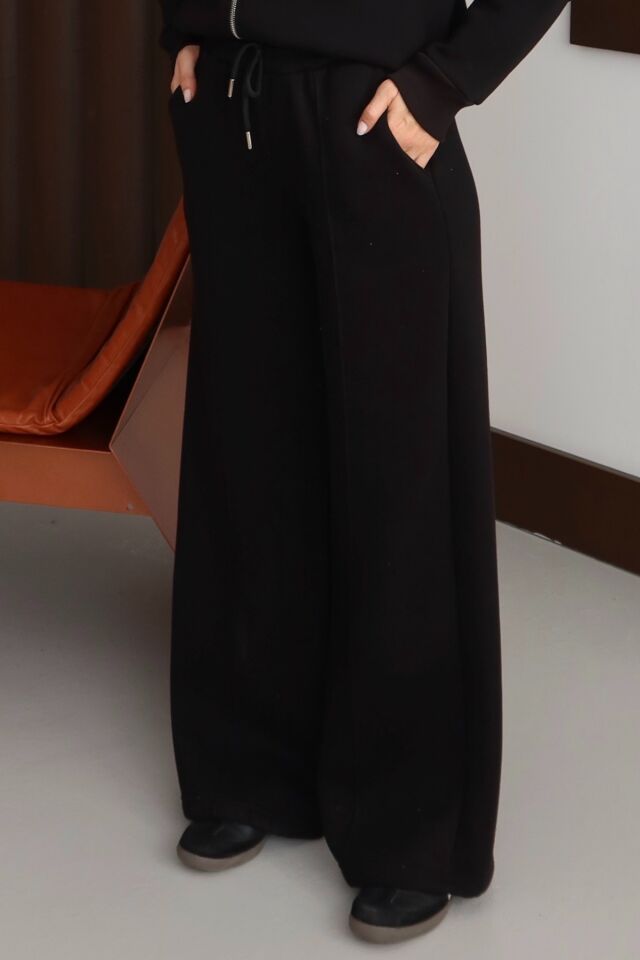 Balenbi Kadın 3 İplik İçi Polarlı Yüksek Bel Çımalı Palazzo Eşofman Altı 1144 Siyah - XL