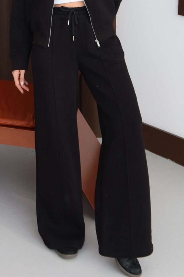 Balenbi Kadın 3 İplik İçi Polarlı Yüksek Bel Çımalı Palazzo Eşofman Altı 1144 XL - Siyah