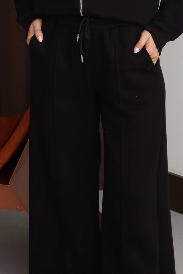 Balenbi Kadın 3 İplik İçi Polarlı Yüksek Bel Çımalı Palazzo Eşofman Altı 1144 XL - Siyah