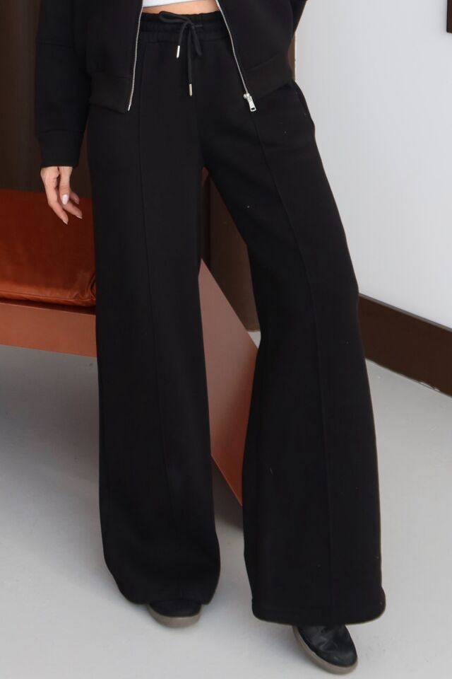 Balenbi Kadın 3 İplik İçi Polarlı Yüksek Bel Çımalı Palazzo Eşofman Altı 1144 XL - Siyah