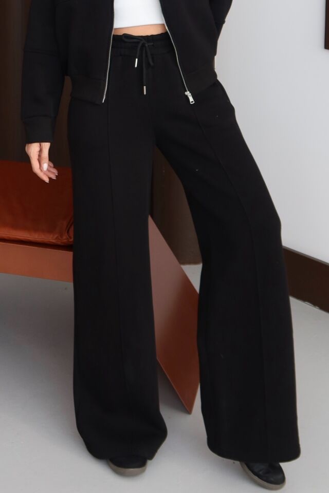 Balenbi Kadın 3 İplik İçi Polarlı Yüksek Bel Çımalı Palazzo Eşofman Altı 1144 XL - Siyah