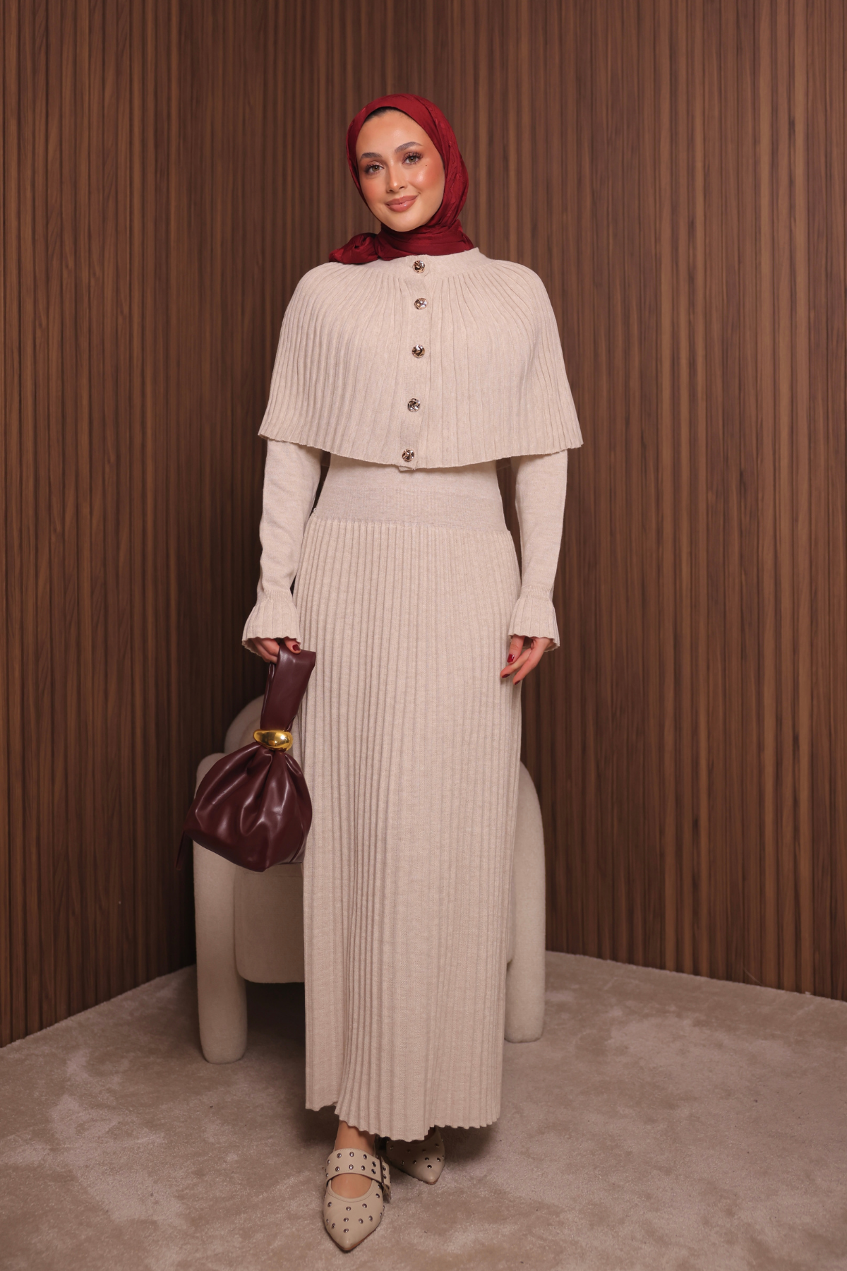 Balenbi Kadın Sık Örgü Pelerinli Triko Tesettür Elbise Std Beden 1150 Standart - Krem