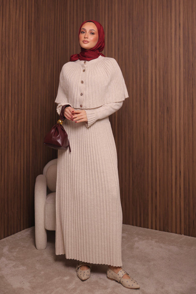 Balenbi Kadın Sık Örgü Pelerinli Triko Tesettür Elbise Std Beden 1150 Standart - Krem