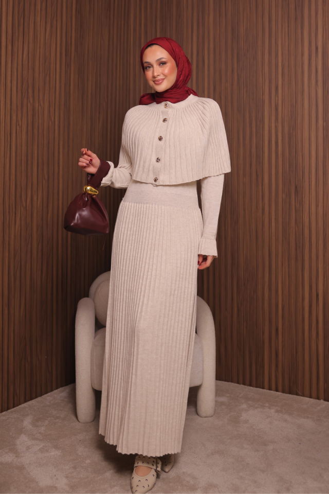 Balenbi Kadın Sık Örgü Pelerinli Triko Tesettür Elbise Std Beden 1150 Standart - Krem