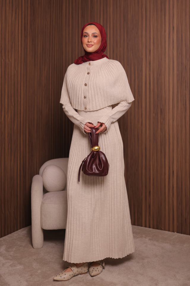 Balenbi Kadın Sık Örgü Pelerinli Triko Tesettür Elbise Std Beden 1150 Standart - Krem