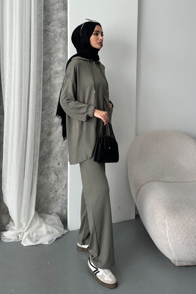 Balenbi Kadın Modal Penye Oversize Kapüşonlu Tesettür Tunik Takım 1108 S - Haki