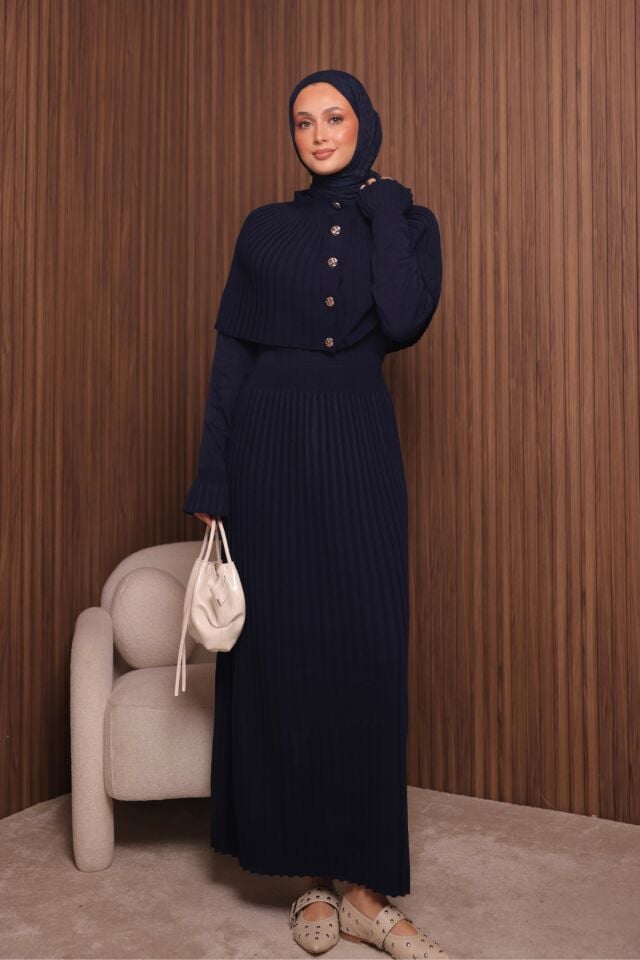 Balenbi Kadın Sık Örgü Pelerinli Triko Tesettür Elbise Std Beden 1150 Standart - Lacivert