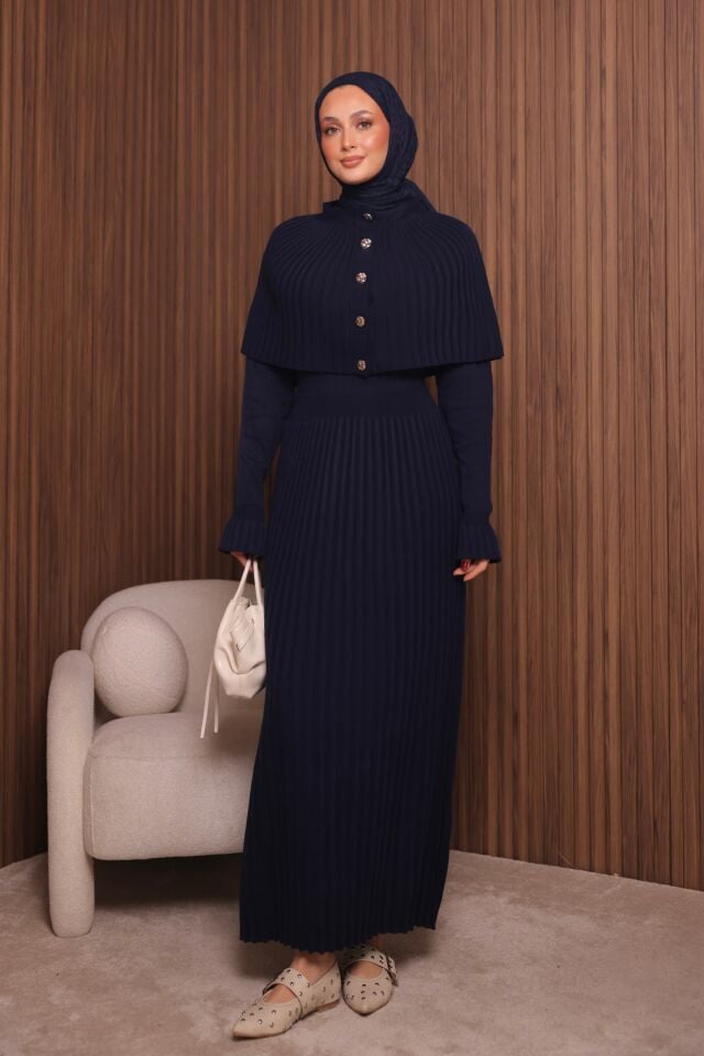 Balenbi Kadın Sık Örgü Pelerinli Triko Tesettür Elbise Std Beden 1150 Standart - Lacivert