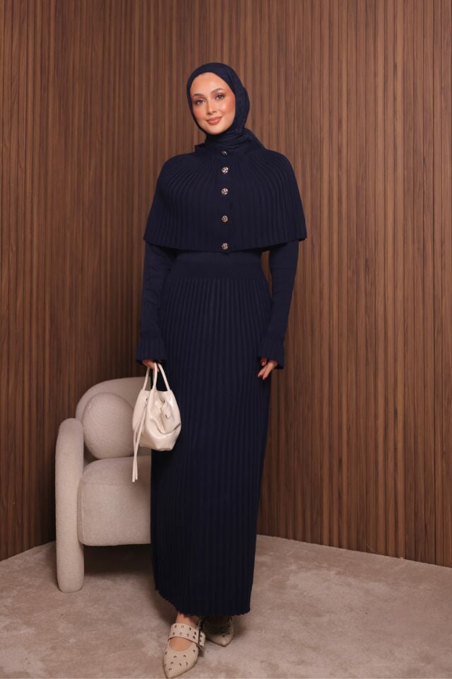 Balenbi Kadın Sık Örgü Pelerinli Triko Tesettür Elbise Std Beden 1150 Standart - Lacivert