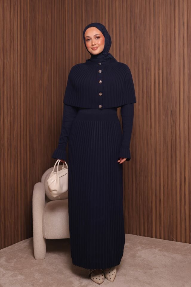 Balenbi Kadın Sık Örgü Pelerinli Triko Tesettür Elbise Std Beden 1150 Standart - Lacivert