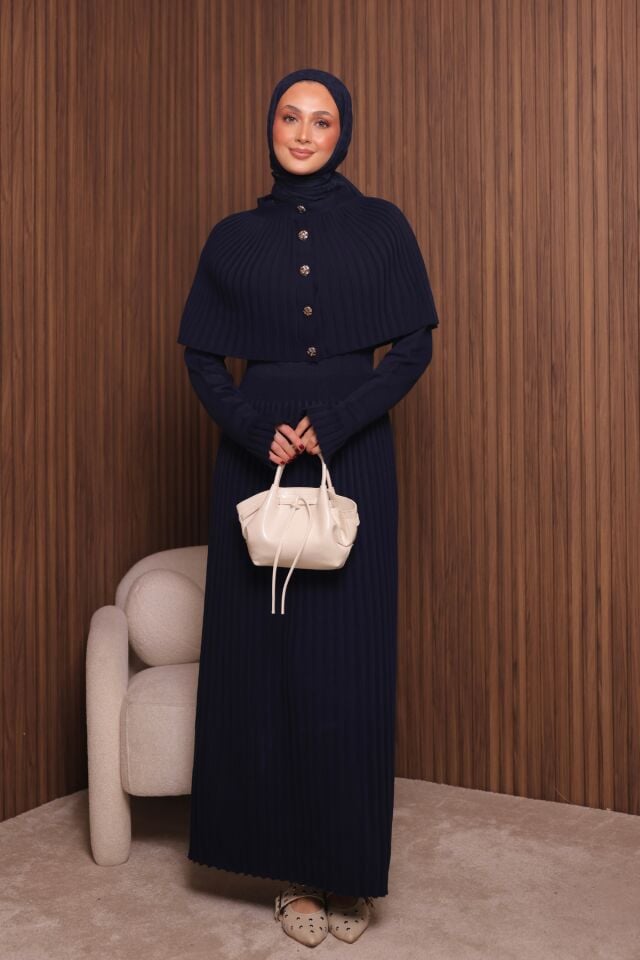 Balenbi Kadın Sık Örgü Pelerinli Triko Tesettür Elbise Std Beden 1150 Standart - Lacivert