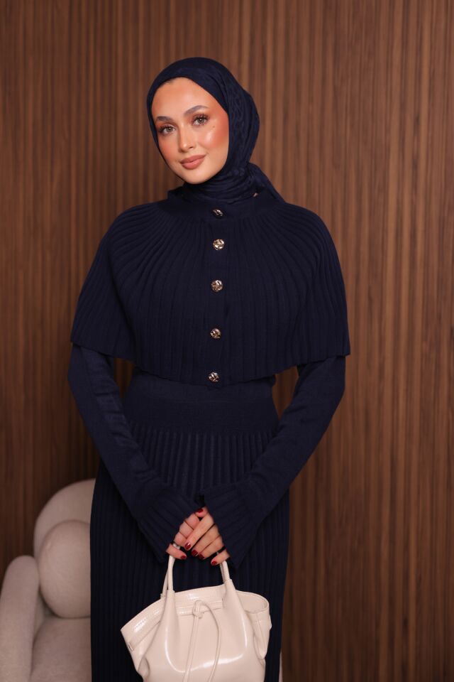 Balenbi Kadın Sık Örgü Pelerinli Triko Tesettür Elbise Std Beden 1150 Standart - Lacivert