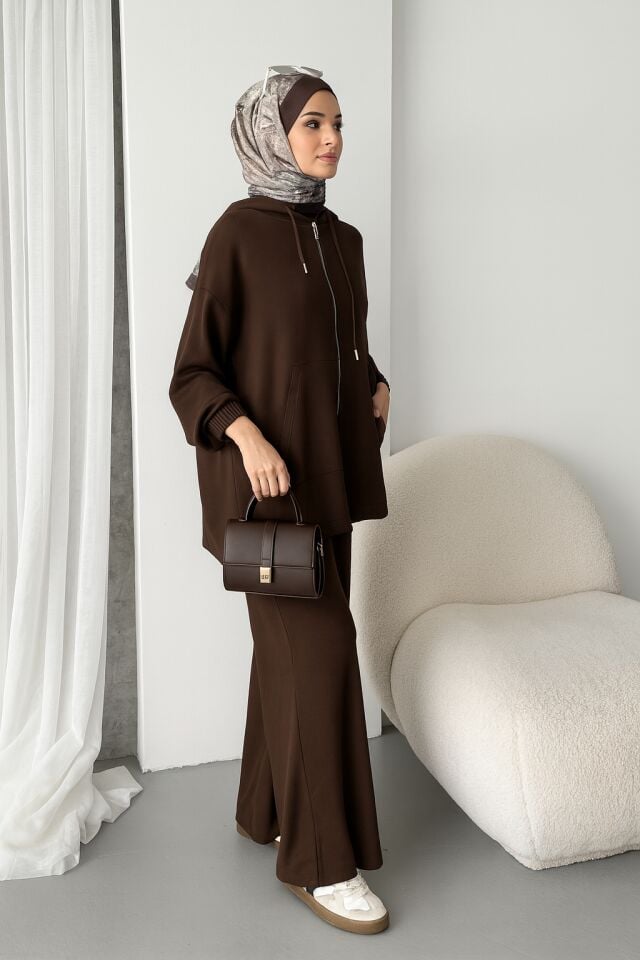 Balenbi Kadın Modal Penye Oversize Kapüşonlu Tesettür Tunik Takım 1108 S - Kahverengi