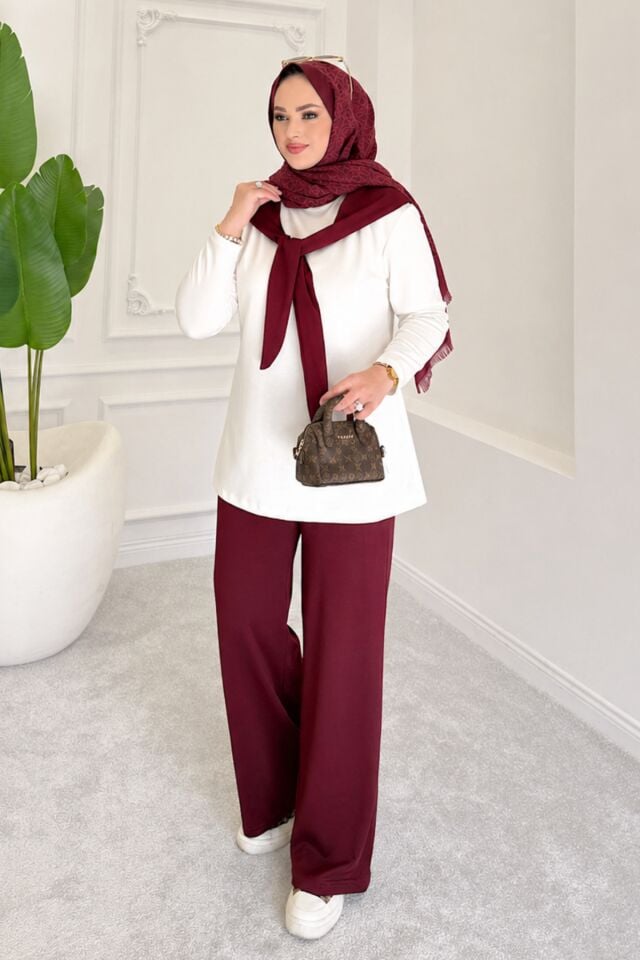 Balenbi Kadın Modal Kumaş Fularlı Tesettür Eşofman Takımı 1212 Bordo - XL
