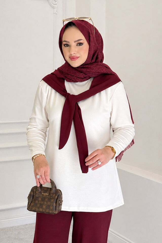 Balenbi Kadın Modal Kumaş Fularlı Tesettür Eşofman Takımı 1212 Bordo - XL