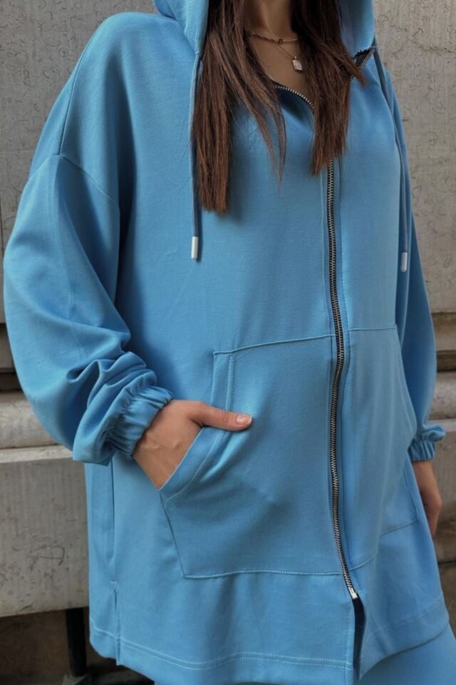 Balenbi Kadın Modal Penye Oversize Kapüşonlu Tesettür Tunik Takım 1108 S - Mavi