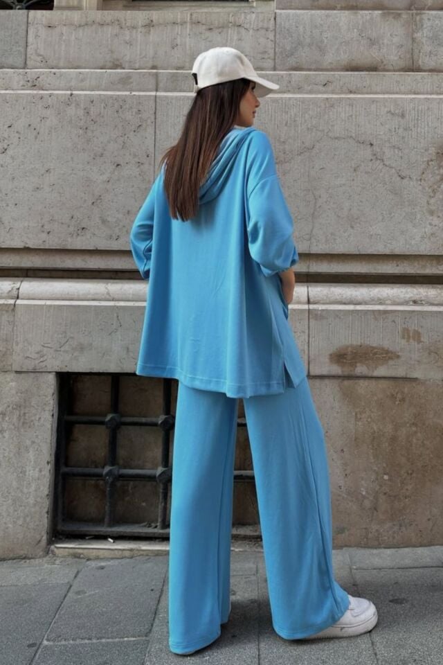 Balenbi Kadın Modal Penye Oversize Kapüşonlu Tesettür Tunik Takım 1108 S - Mavi