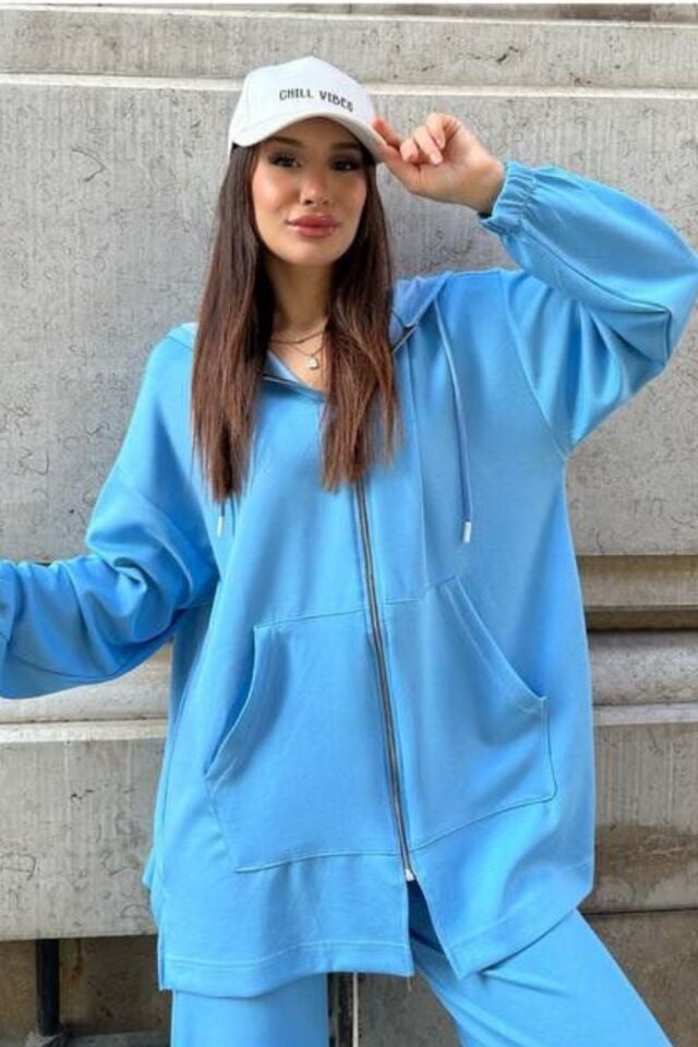 Balenbi Kadın Modal Penye Oversize Kapüşonlu Tesettür Tunik Takım 1108 S - Mavi