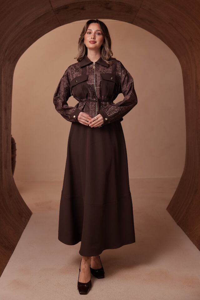 Balenbi Desen Kombinli Fermuarlı Gömlek Yaka Double Krep Etekli Tesettür Takım 1185 XL/2XL - Kahverengi
