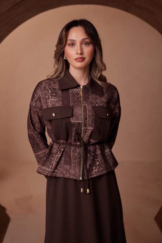 Balenbi Desen Kombinli Fermuarlı Gömlek Yaka Double Krep Etekli Tesettür Takım 1185 XL/2XL - Kahverengi