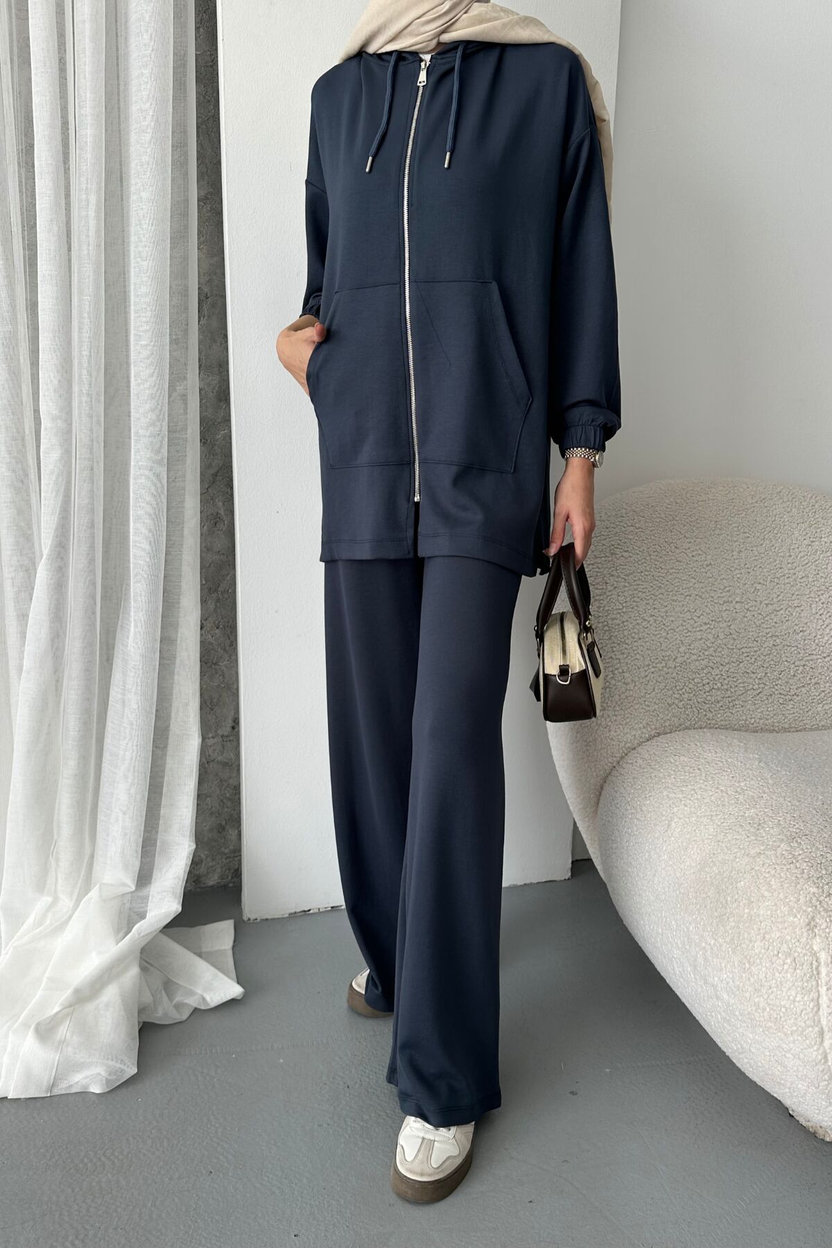 Balenbi Kadın Modal Penye Oversize Kapüşonlu Tesettür Tunik Takım 1108 XL - Antrasit