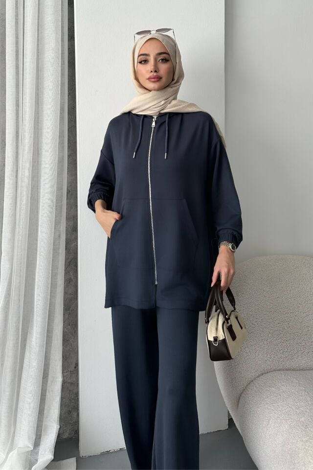 Balenbi Kadın Modal Penye Oversize Kapüşonlu Tesettür Tunik Takım 1108 XL - Antrasit