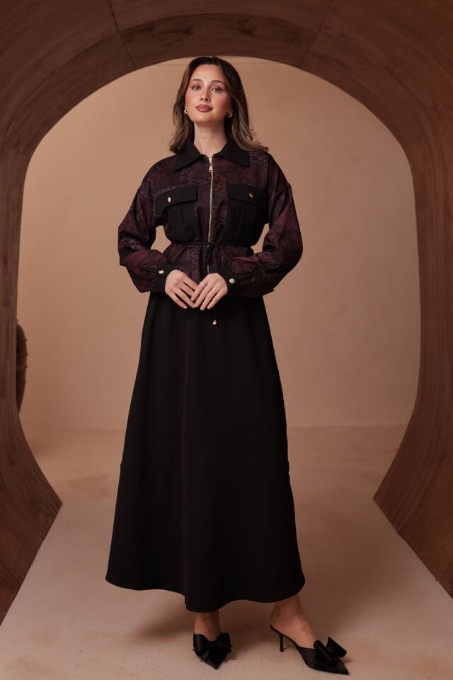 Balenbi Desen Kombinli Fermuarlı Gömlek Yaka Double Krep Etekli Tesettür Takım 1185 L/XL - Siyah
