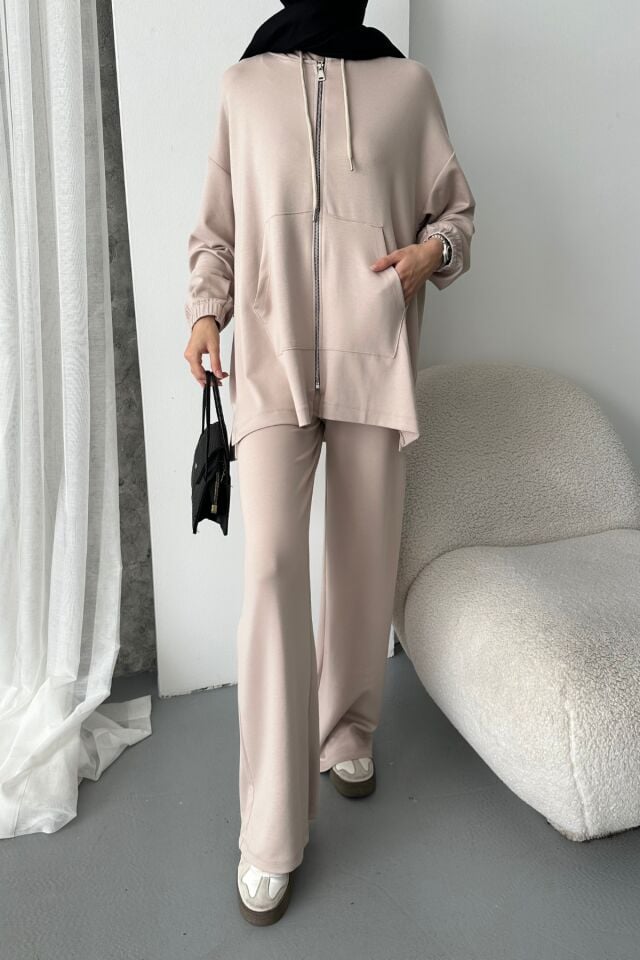 Balenbi Kadın Modal Penye Oversize Kapüşonlu Tesettür Tunik Takım 1108 XL - Bej