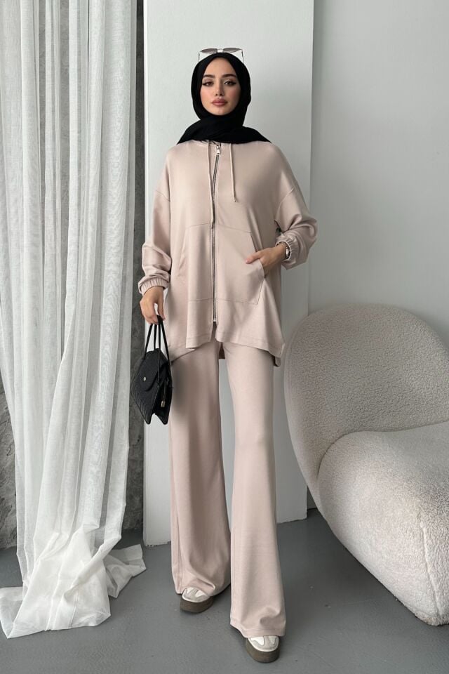 Balenbi Kadın Modal Penye Oversize Kapüşonlu Tesettür Tunik Takım 1108 XL - Bej
