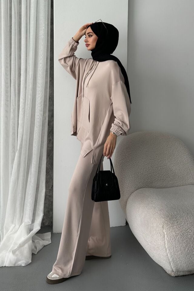 Balenbi Kadın Modal Penye Oversize Kapüşonlu Tesettür Tunik Takım 1108 XL - Bej