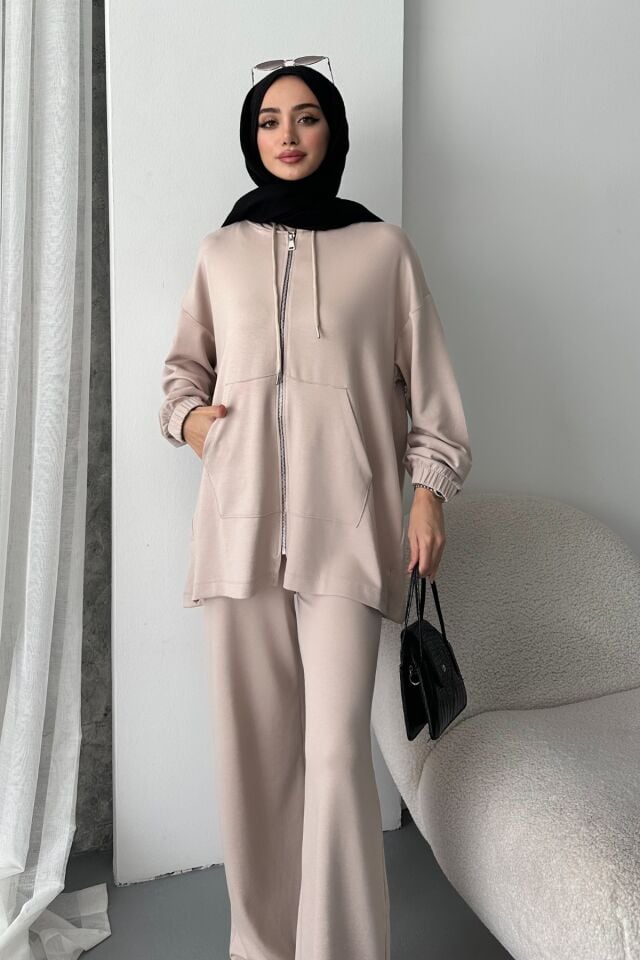 Balenbi Kadın Modal Penye Oversize Kapüşonlu Tesettür Tunik Takım 1108 XL - Bej