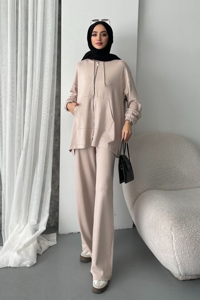 Balenbi Kadın Modal Penye Oversize Kapüşonlu Tesettür Tunik Takım 1108 XL - Bej