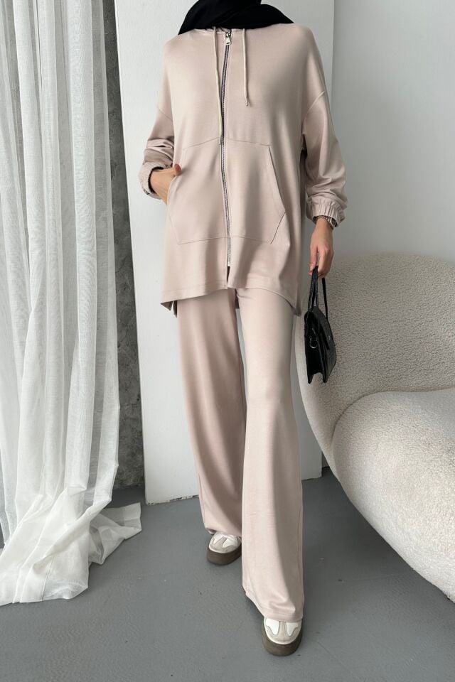 Balenbi Kadın Modal Penye Oversize Kapüşonlu Tesettür Tunik Takım 1108 XL - Bej