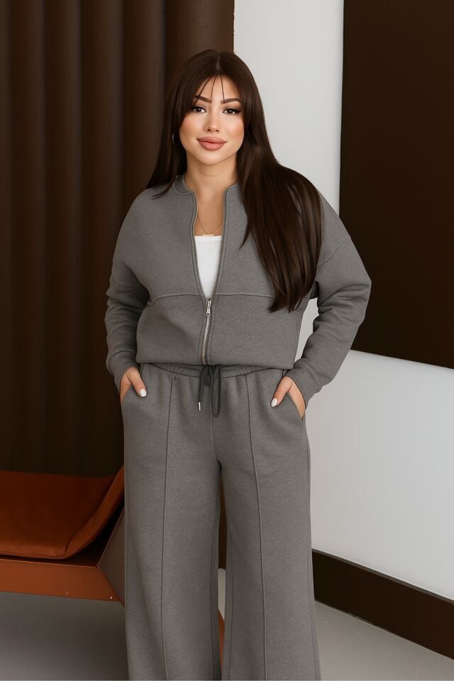 Balenbi Kadın 3 İplik İçi Polarlı Robalı Bomber Ceket Palazzo Takım 1143 L - Füme